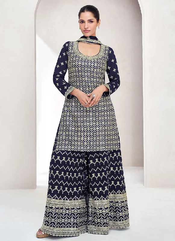 Bargain Blast Navy Blue Reshamkari Embroidery Palazzo Suit