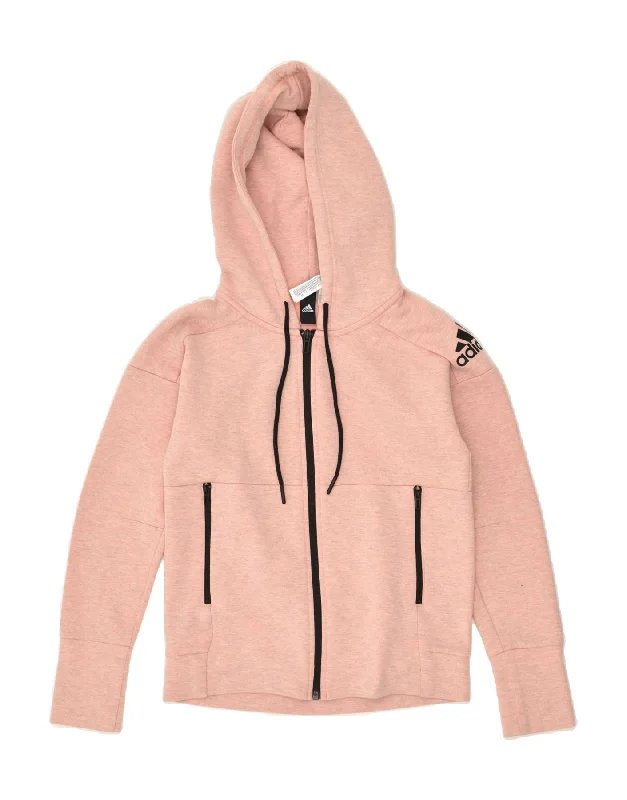 Don't Wait ADIDAS Womens Graphic Zip Hoodie Sweater UK 0/2 2XS Pink Cotton