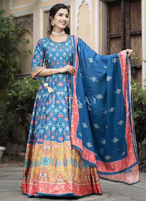 Stock Up and Save Blue Multi-colored Digital Printed Anarkali Gown