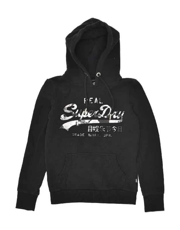 Hot Deal SUPERDRY Womens Graphic Hoodie Jumper UK 8 Small Black Cotton
