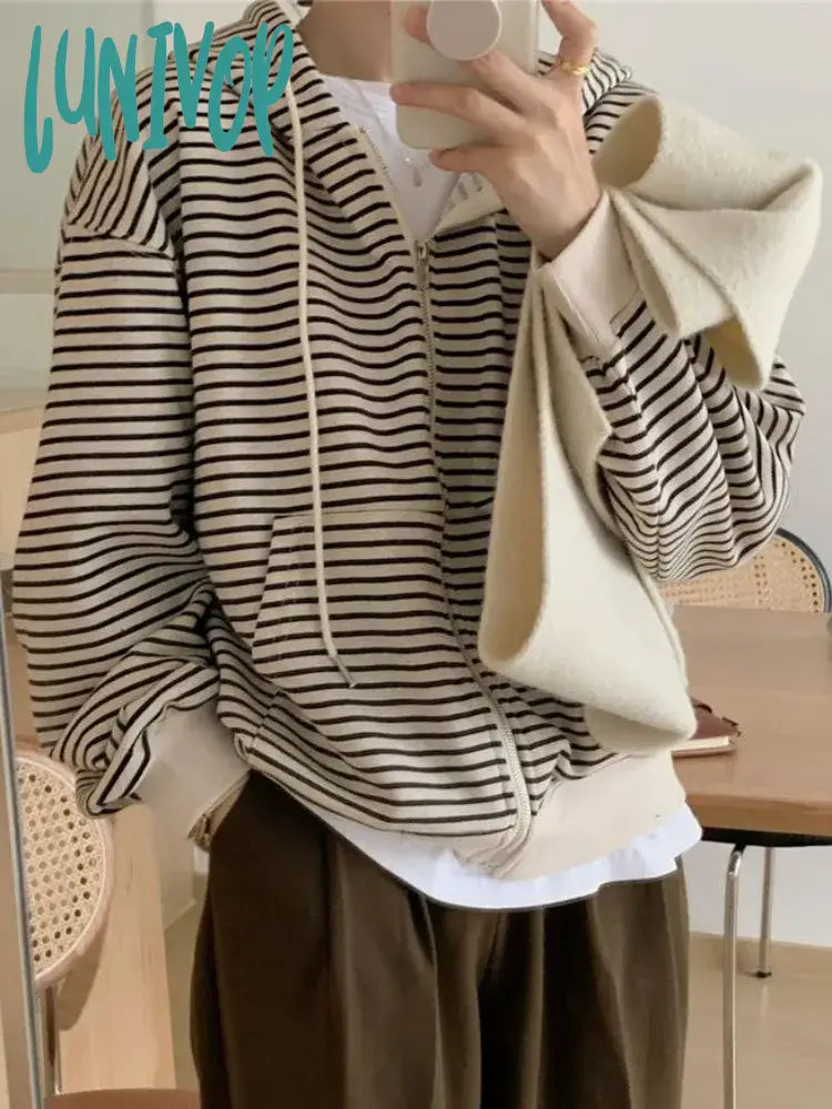 The Best Prices Lunivop Korean Style Zip Up Striped Hoodies Women Vintage Hooded Sweatshirts New Casual Loose Jacket Long Sleeve Tops Autumn