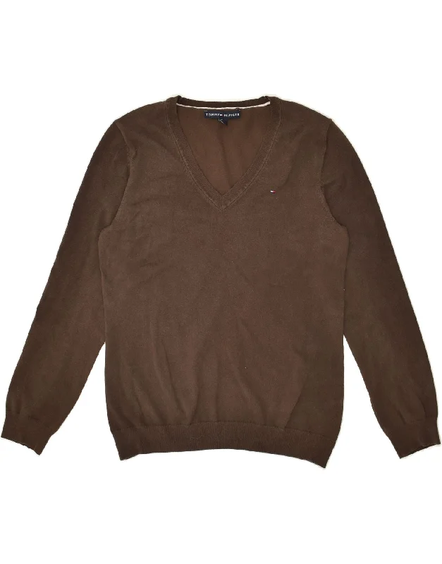 Anniversary Sale TOMMY HILFIGER Womens V-Neck Jumper Sweater UK 14 Large Brown Cotton