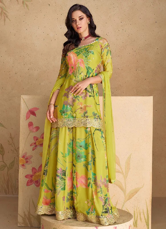 Flash Sale Lime Green Embroidered Printed Palazzo Suit