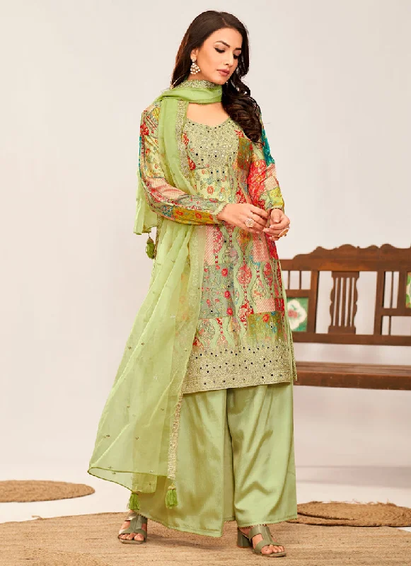Deal Dash Green Multicoloured Embroidery Palazzo Style Suit