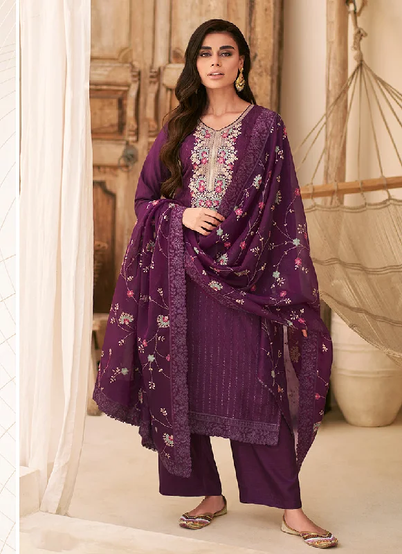 Super Bargain Purple Multi Floral Embroidery Pant Style Suit