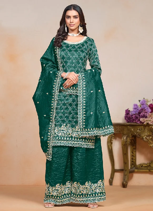 Buy Now Dark Green Embroidered Traditional Palazzo Suit