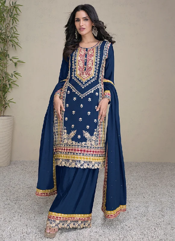 Can't Be Beat Dark Blue Multi Embroidery Traditional Palazzo Suit