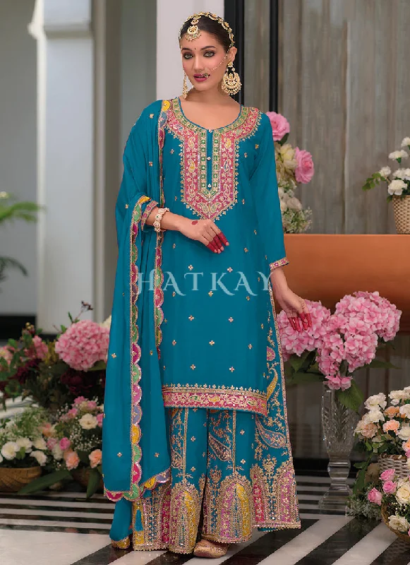 Quick Sale Turquoise Multi Embroidery Palazzo Suit