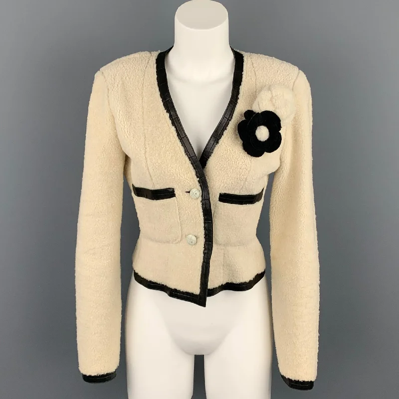 Daily Deals CHANEL 2003 Size 6 Cream & Black Shearling Leather Lamb Skin Jacket