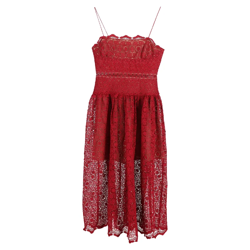 Exclusive Savings Self-Portrait Midi Lace Sleeveless Dress in Red Polyester