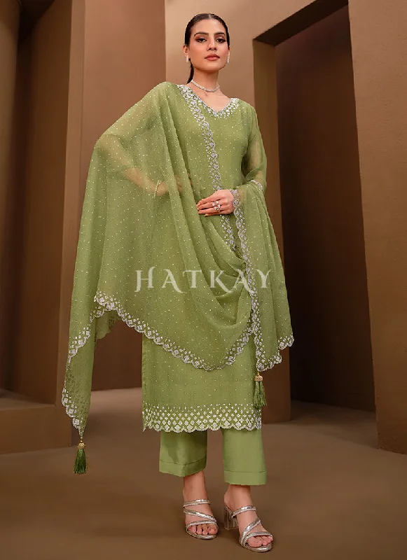 Final Clearance Mist Green Crystal Embroidered Pant Style Suit