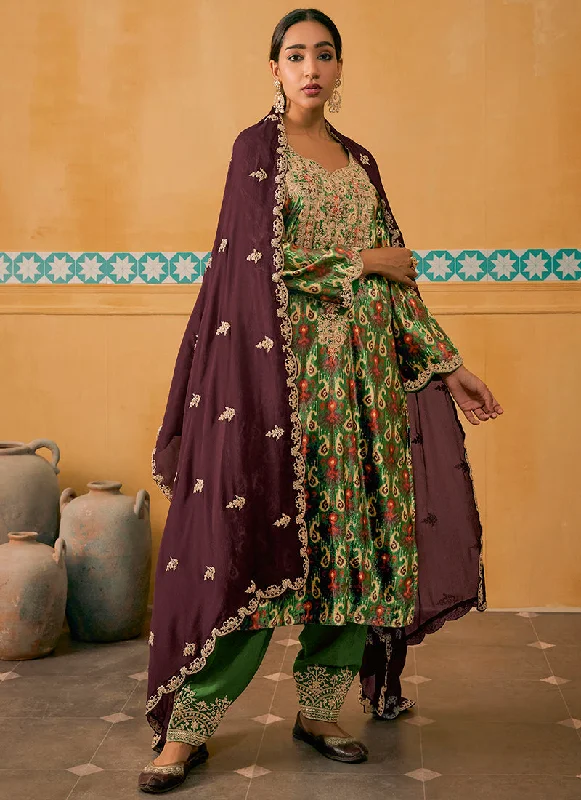 Price Smash Green And Wine Embroidered Velvet Kurta Pant Suit