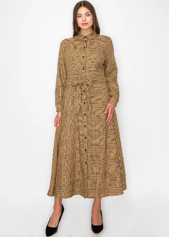 The Best Prices Camel Plaid Shirt Dress with Belt