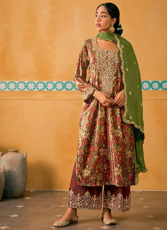 Savings Bonanza Maroon And Green Embroidered Velvet Kurta Pant Suit