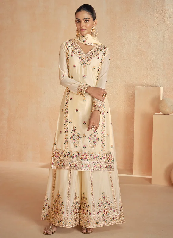 Amazing Deals Cream White Multi Embroidery Festive Palazzo Suit