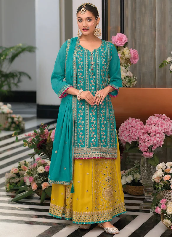 Shop and Save Turquoise And Yellow Embroidery Festive Palazzo Suit