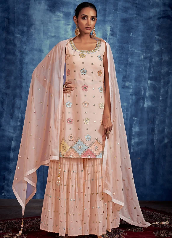 Limited Time Offer Peach Multi Embroidery Designer Gharara Style Suit