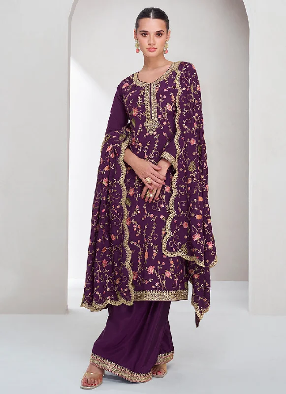 Anniversary Sale Purple Floral Embroidery Festival Palazzo Suit