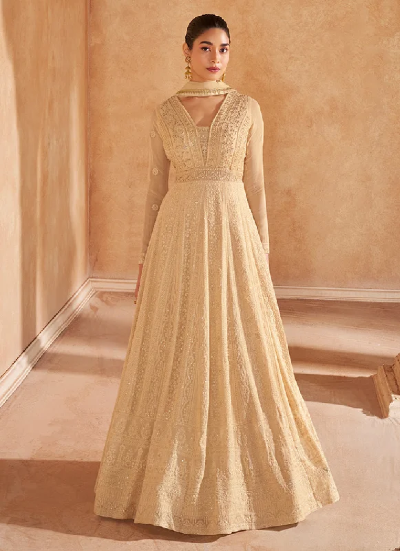 Limited Availability Golden Beige Chikankari Embroidery Designer Anarkali