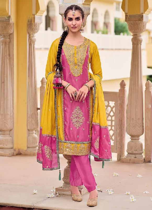 Markdown Madness Yellow And Pink Multi Embroidery Punjabi Style Salwar Suit