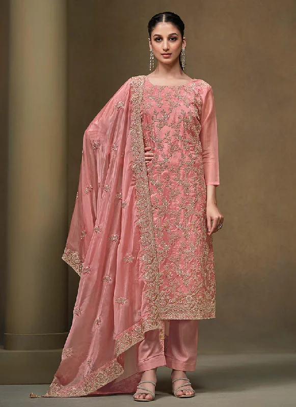 Huge Discounts Coral Pink Multi Embroidered Pakistani Pant Style Suit
