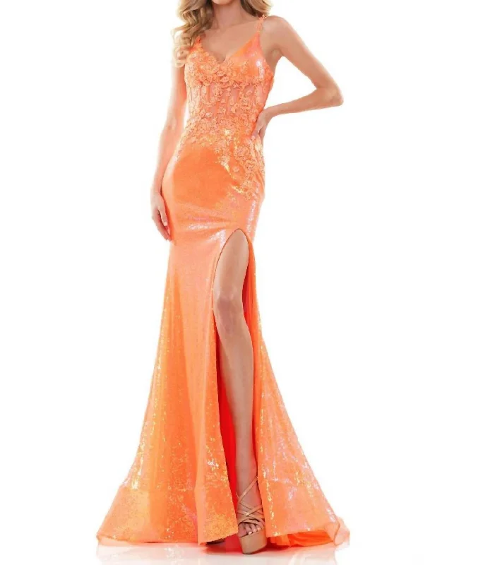 Super Deal Sequin Lace High Slit Mermaid Gown In Orange