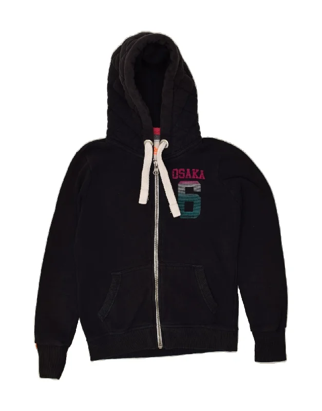 Low Prices SUPERDRY Womens Graphic Zip Hoodie Sweater UK 10 Small Navy Blue Cotton