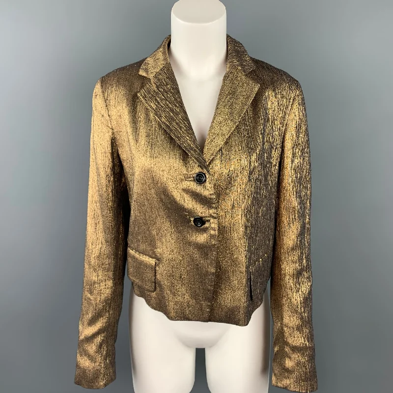 Incredible Offers DRIES VAN NOTEN Size 10 Gold Textured Silk Blend Jacket Blazer