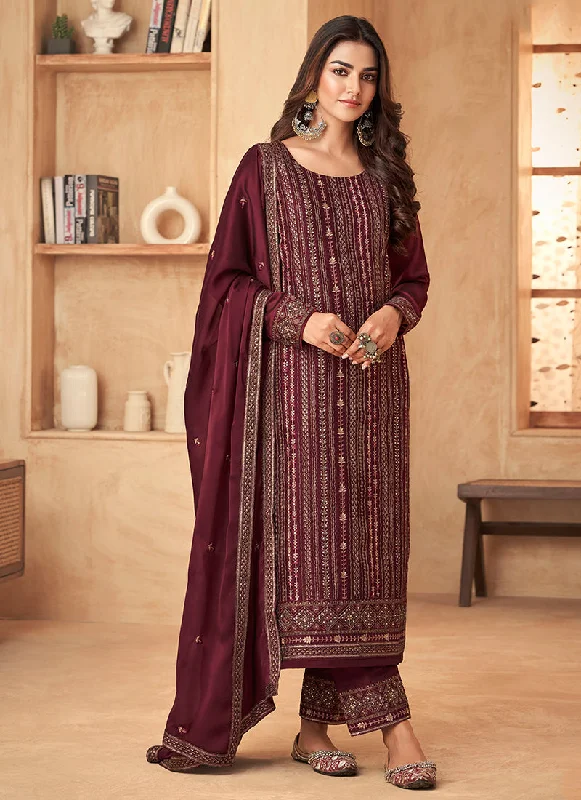 Deep Discounts Maroon Sequence Embroidery Pant Style Suit