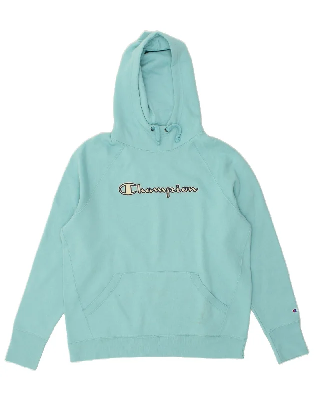 Price Cut CHAMPION Womens Graphic Hoodie Jumper UK 16 Large Blue Cotton