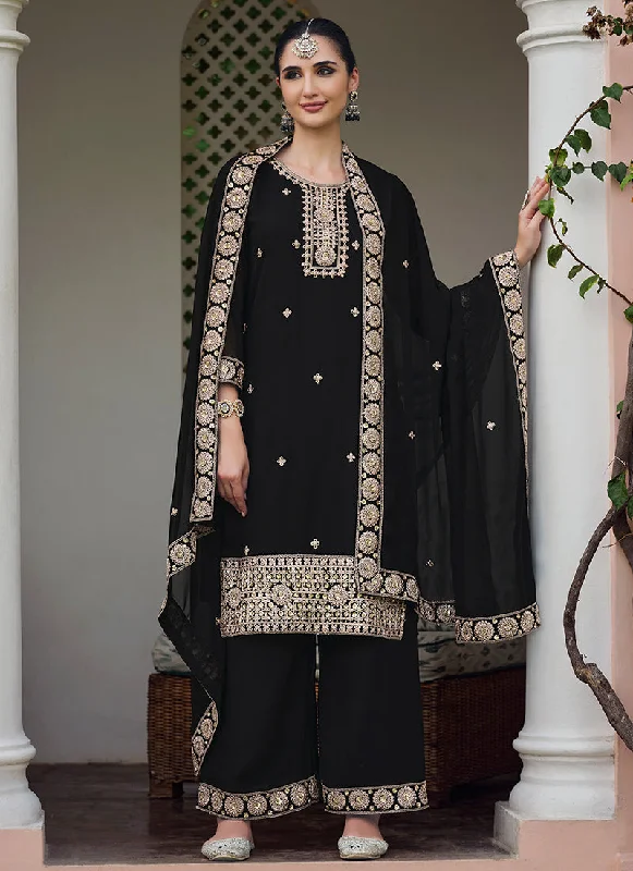 Lowest Price Black Embroidery Georgette Palazzo Suit