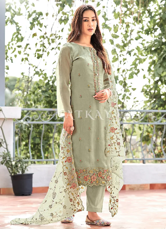 Price Cut Sage Green Floral Embroidered Pakistani Suit