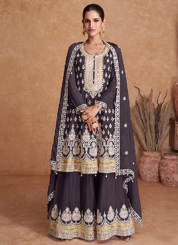 Special Discount Deep Mauve Multi Embroidery Wedding Gharara Style Suit