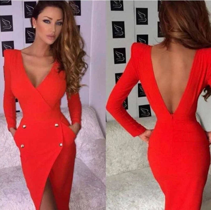 Year-End Sale Deep V-neck Backless Sheath Long Sleeves irregular Dress