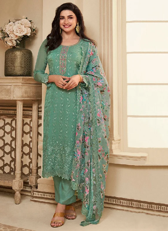 Savings Galore Green Schiffli Embroidery Traditional Pant Style Salwar Suit