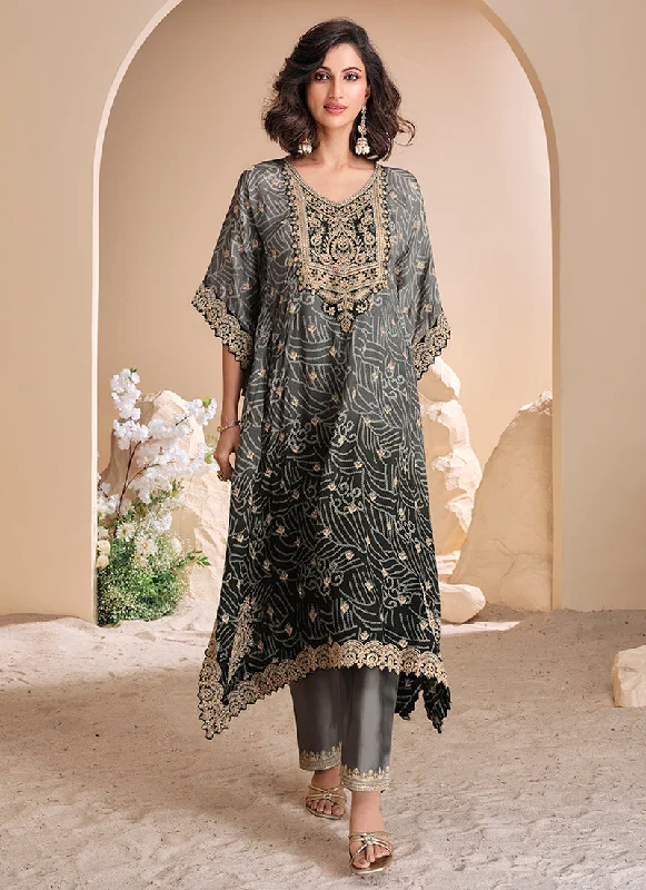 Hurry In Grey Black Multi-Embroidery Poncho Style Pant Suit