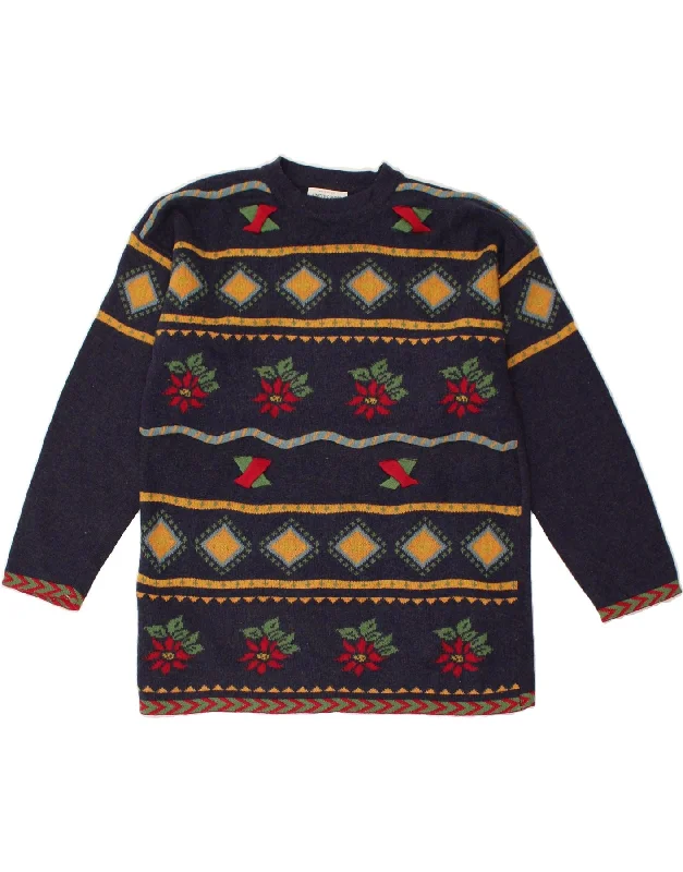 Crazy Savings BENETTON Womens Crew Neck Jumper Sweater UK 14 Large Navy Blue Floral