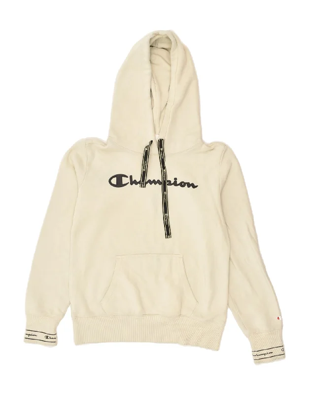 Buy More, Save More CHAMPION Womens Graphic Hoodie Jumper UK 14 Medium Off White Cotton