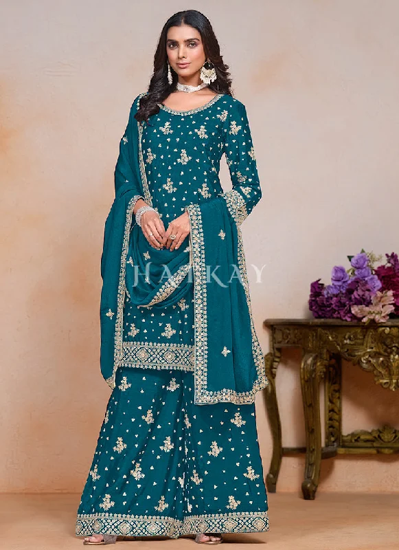 Amazing Deals Turquoise Embroidered Palazzo Style Suit