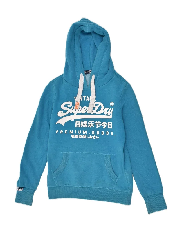 Limited Quantity SUPERDRY Womens Graphic Hoodie Jumper UK 6 XS Blue Cotton