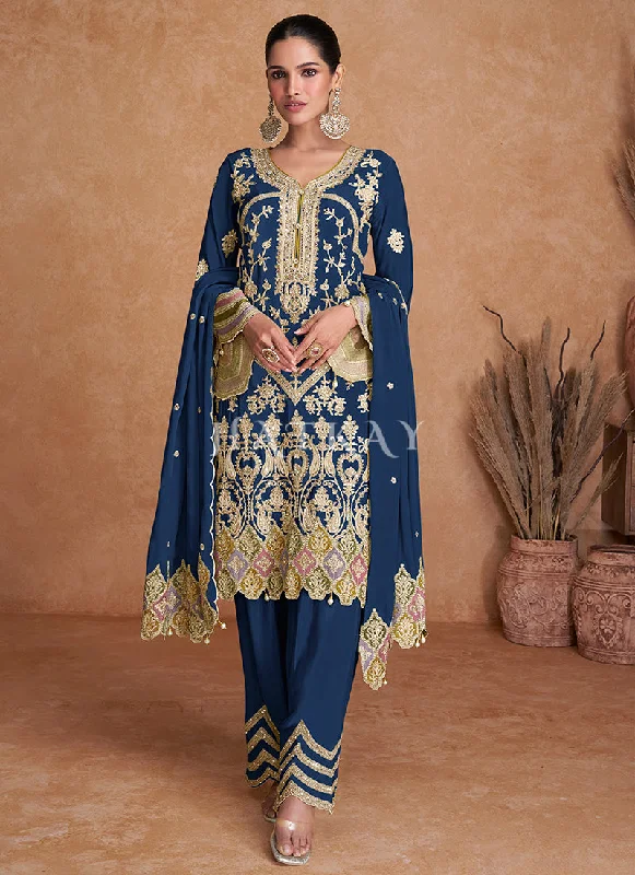 Can't Miss Dark Blue Multi Embroidery Traditional Pant Style Suit