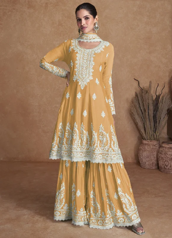 Factory Direct Sale Yellow Thread Work Embroidery Wedding Gharara Style Suit