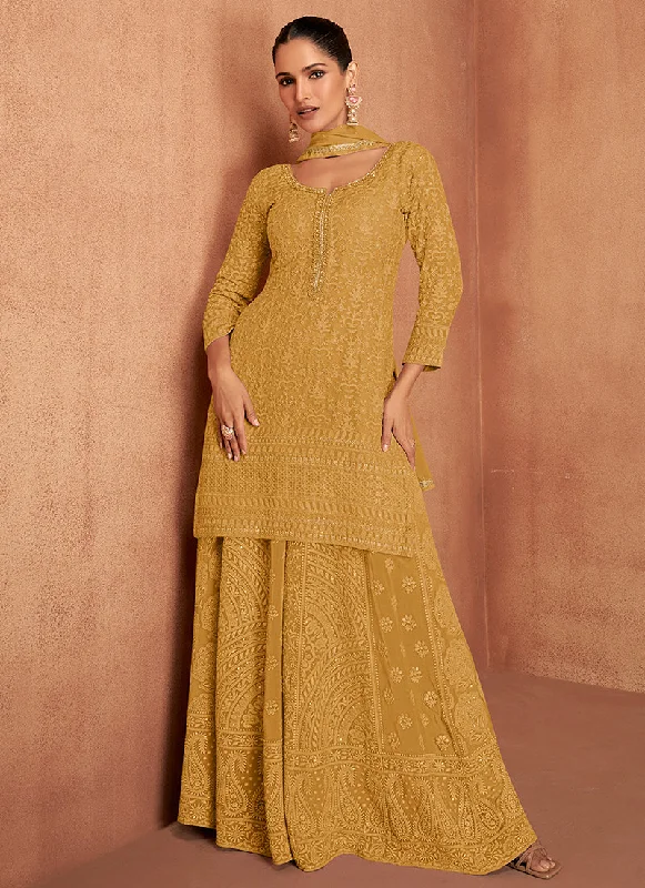 Season Finale Sale Mustard Yellow Chikankari Embroidery Festive Palazzo Suit