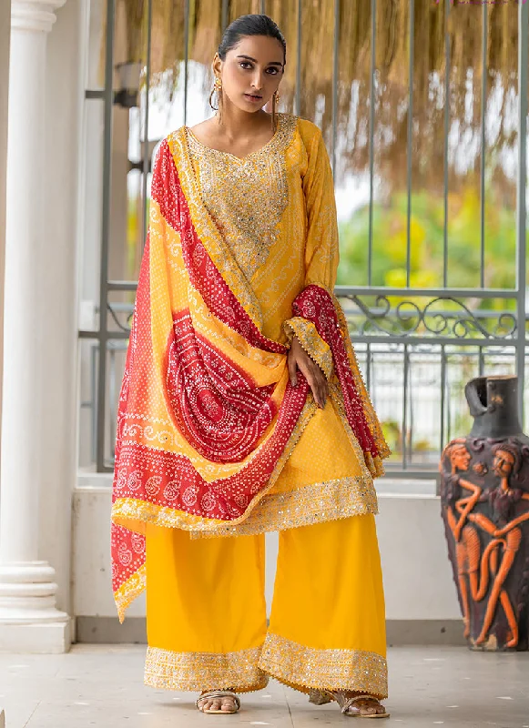 Limited Stock Yellow And Red Embroidery Bandhani Palazzo Suit
