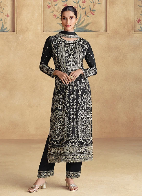 Hurry In Midnight Black Thread Work Embroidery Festive Pant Suit