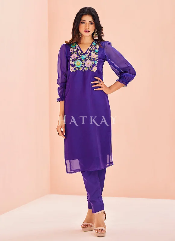 Super Bargain Indigo Blue Handwork Kurta And Pant Suit