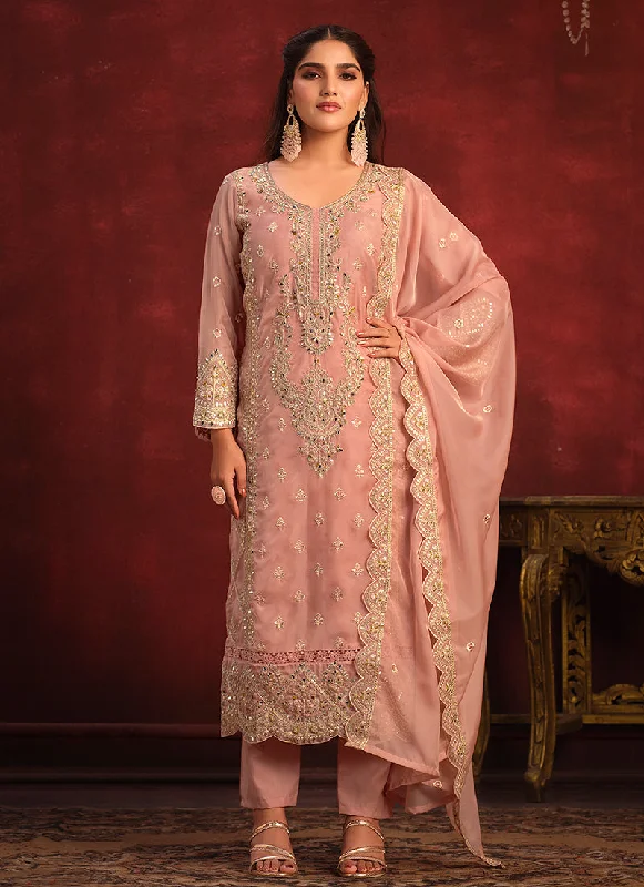 Year-End Clearance Peach Embroidery Designer Pant Style Suit