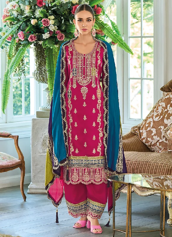 Hurry In Magenta Multicolored Traditional Embroidery Pant Style Suit