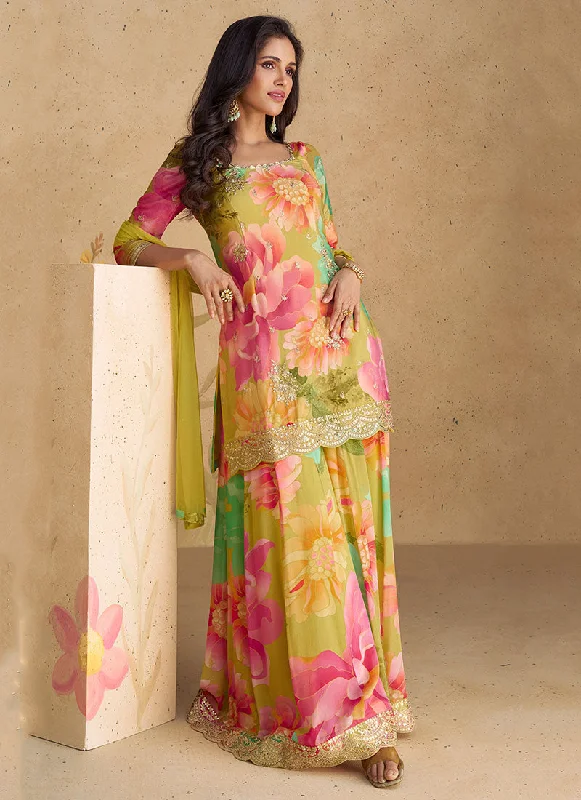 Unmissable Offer Yellow Multicoloured Sequence Embroidery Printed Palazzo Suit