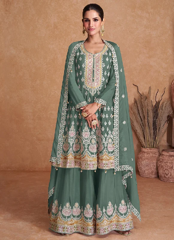 Overstock Sale Green Multi Embroidery Wedding Gharara Style Suit